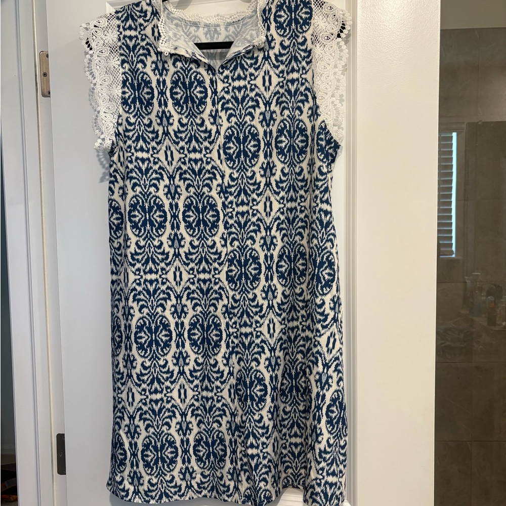 Blue and White Sleeveless Dress with Lace Details